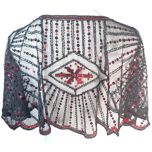 Vintage OS Style Red & Black Evening Sequin Cape Round Neckline Shrug - Picture 3 of 15